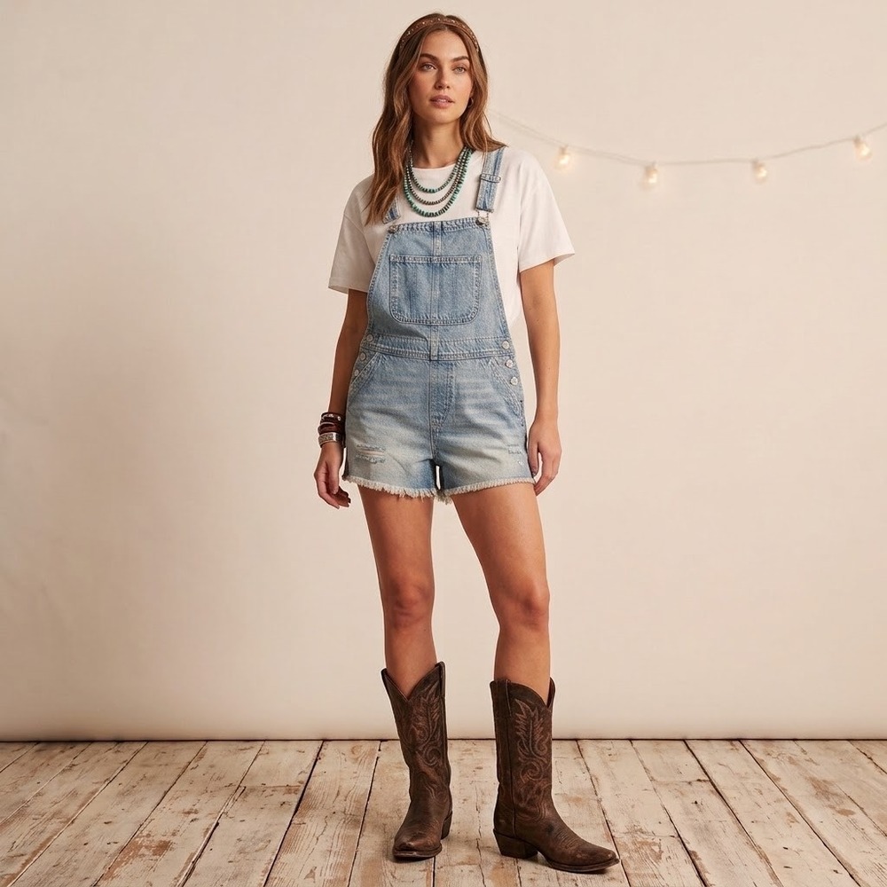 Arizona Distressed Denim Shortalls Raw Hem Overall Shorts Small Festival Western